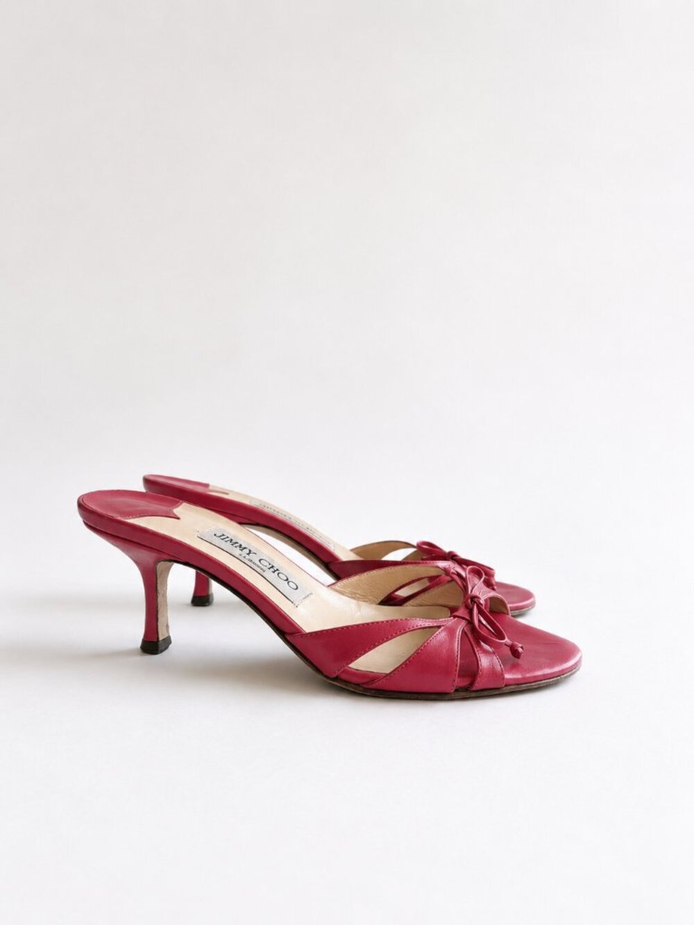 Vintage 2000s Jimmy Choo open toe sandal kitten heel Raspberry Pink Leather Bow - Picture 2 of 8